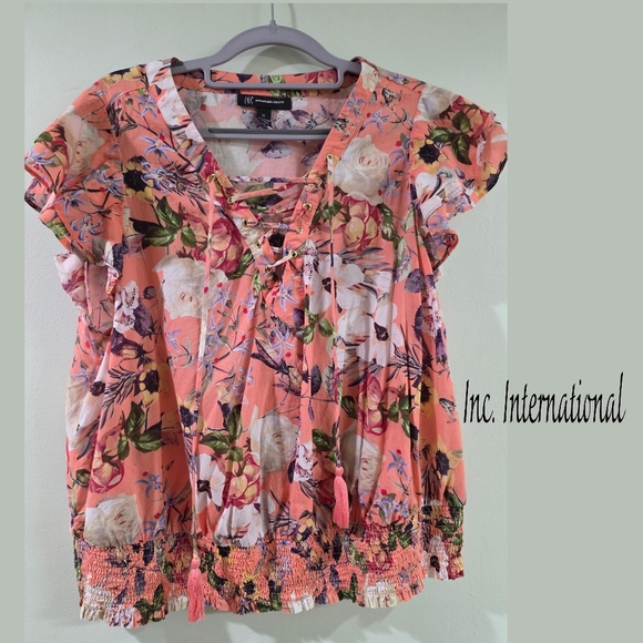 Tops - INC INTERNARIONAL FLORAL LACE UP FLUTTER SLEEVE BLOUSE TOP 1X